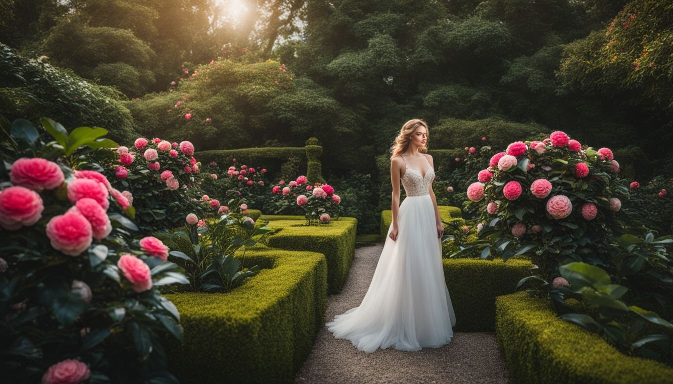 A vibrant garden with Paradise Pearl Camellias and lush foliage.