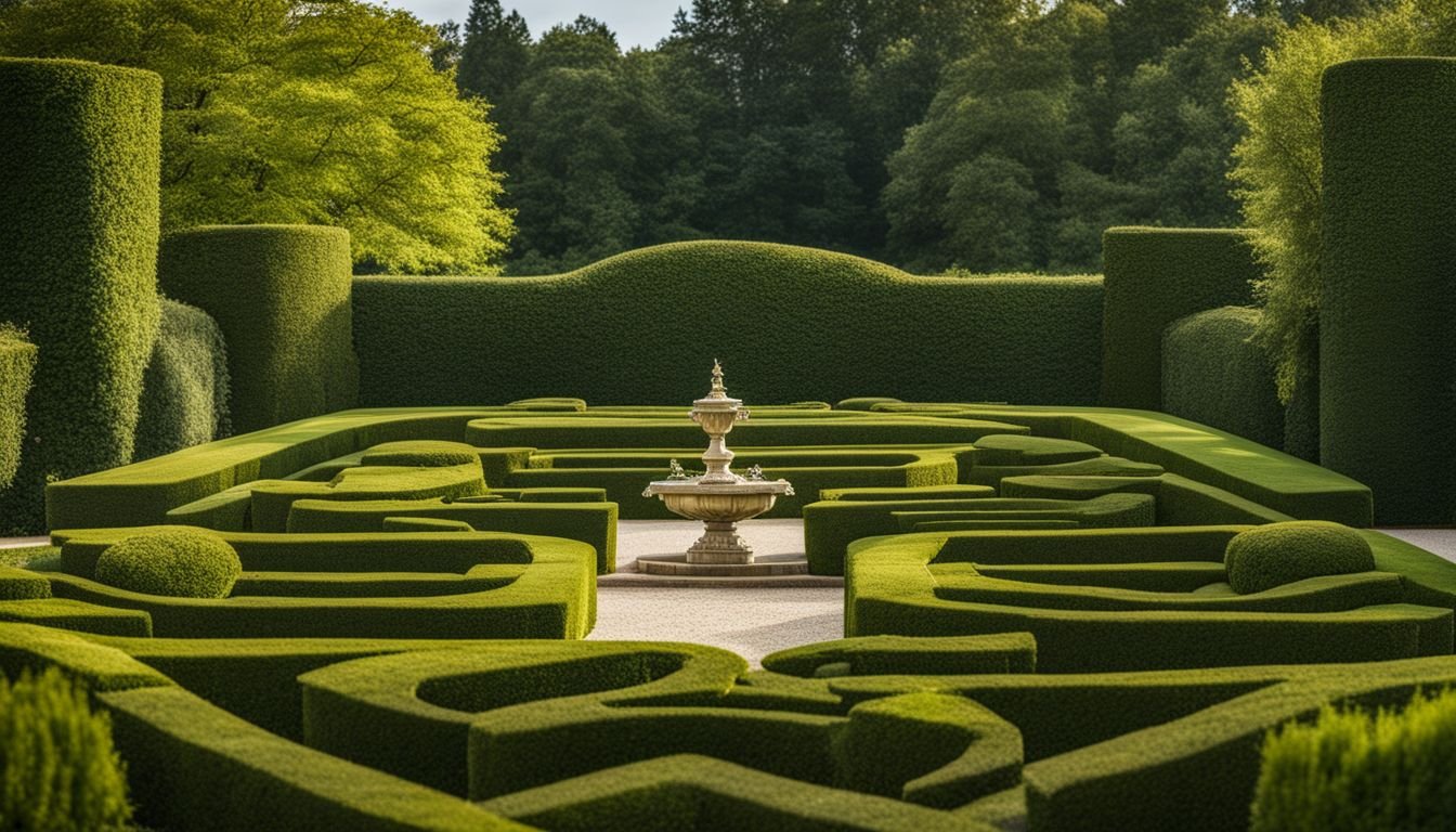 The beautifully manicured English Box Hedge stands in a symmetrical garden.
