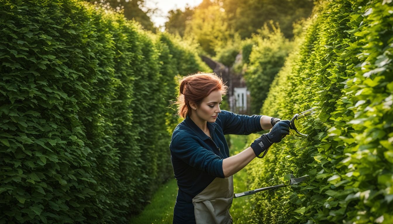 A person neatly trims a hornbeam hedge in a lush garden.