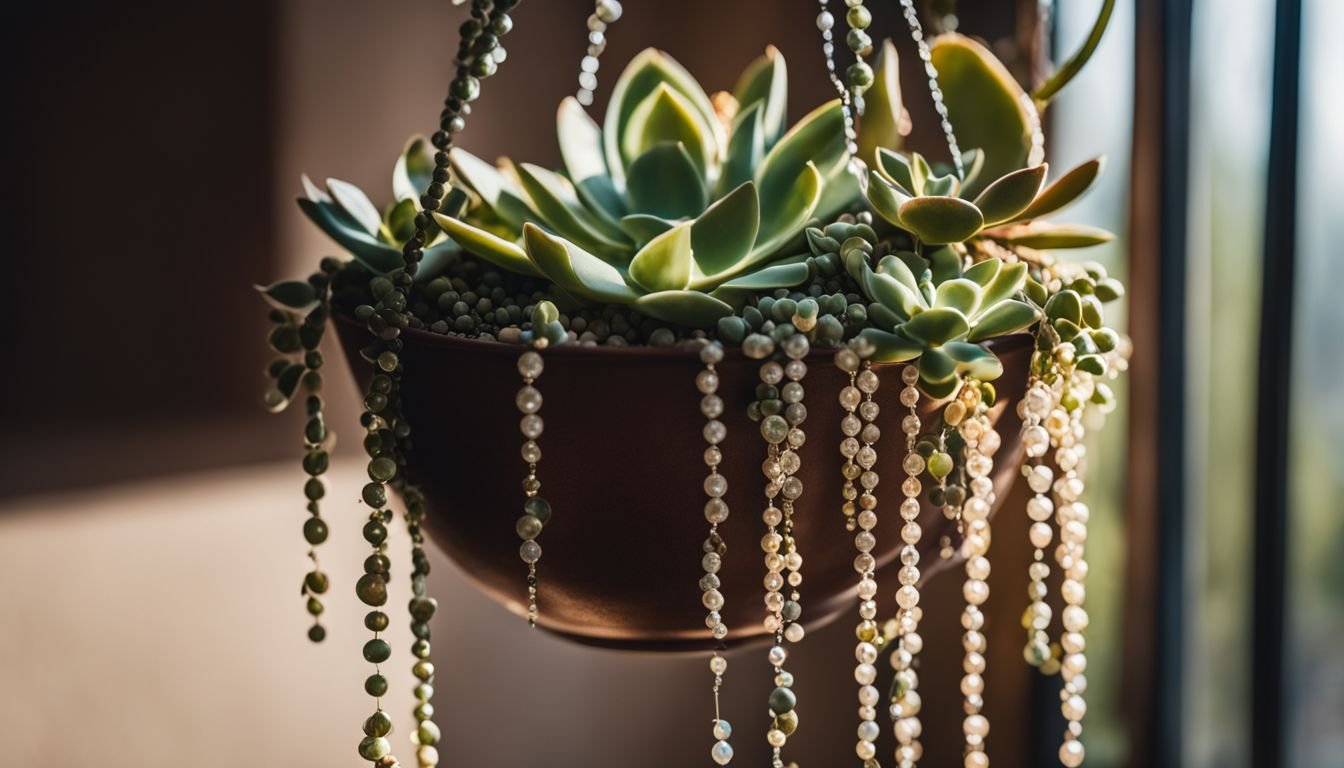 A String of Pearls succulent cascading from a hanging planter in a well-lit, bustling atmosphere.