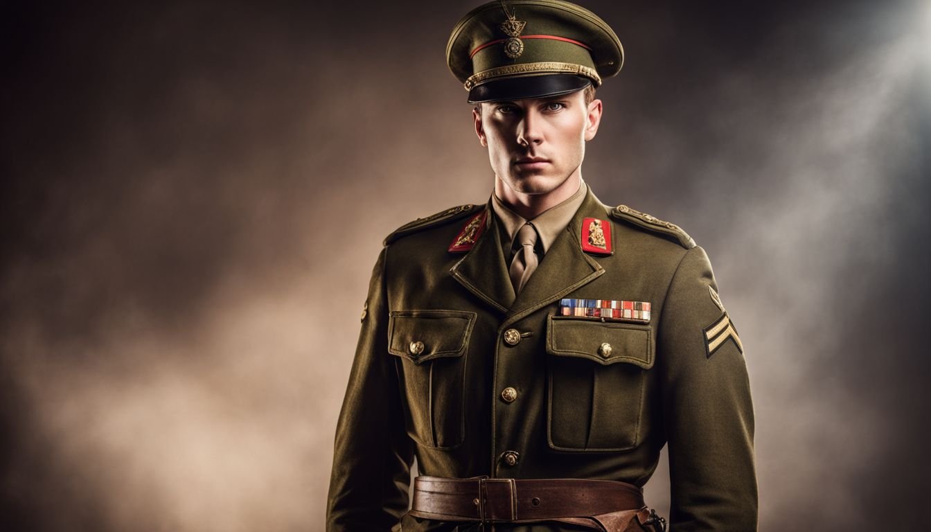 A confident soldier in vintage military uniform on dramatic set.