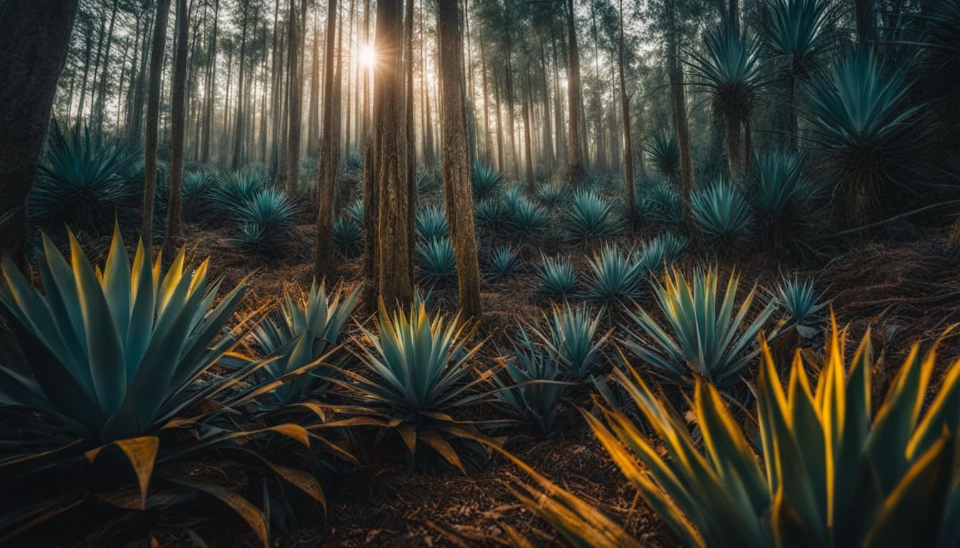 A dense forest with blue agave plants and diverse people.