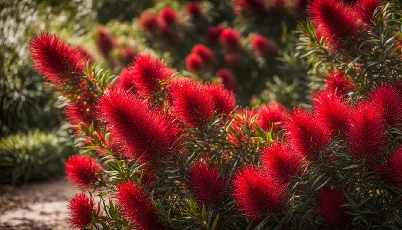 A vibrant garden with blooming Callistemon 'Great Balls of Fire'.