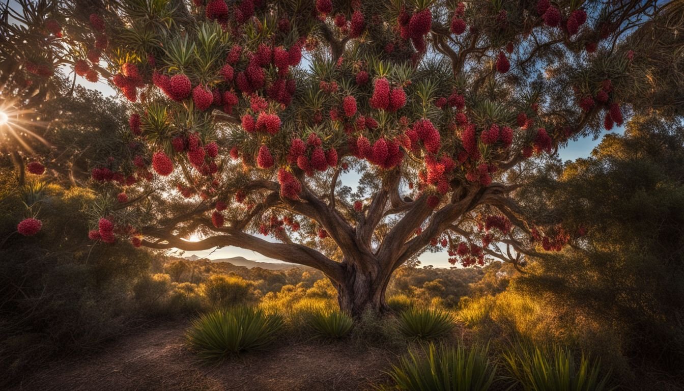 A Cherry Candles Banksia tree in full bloom with native Australian flora.