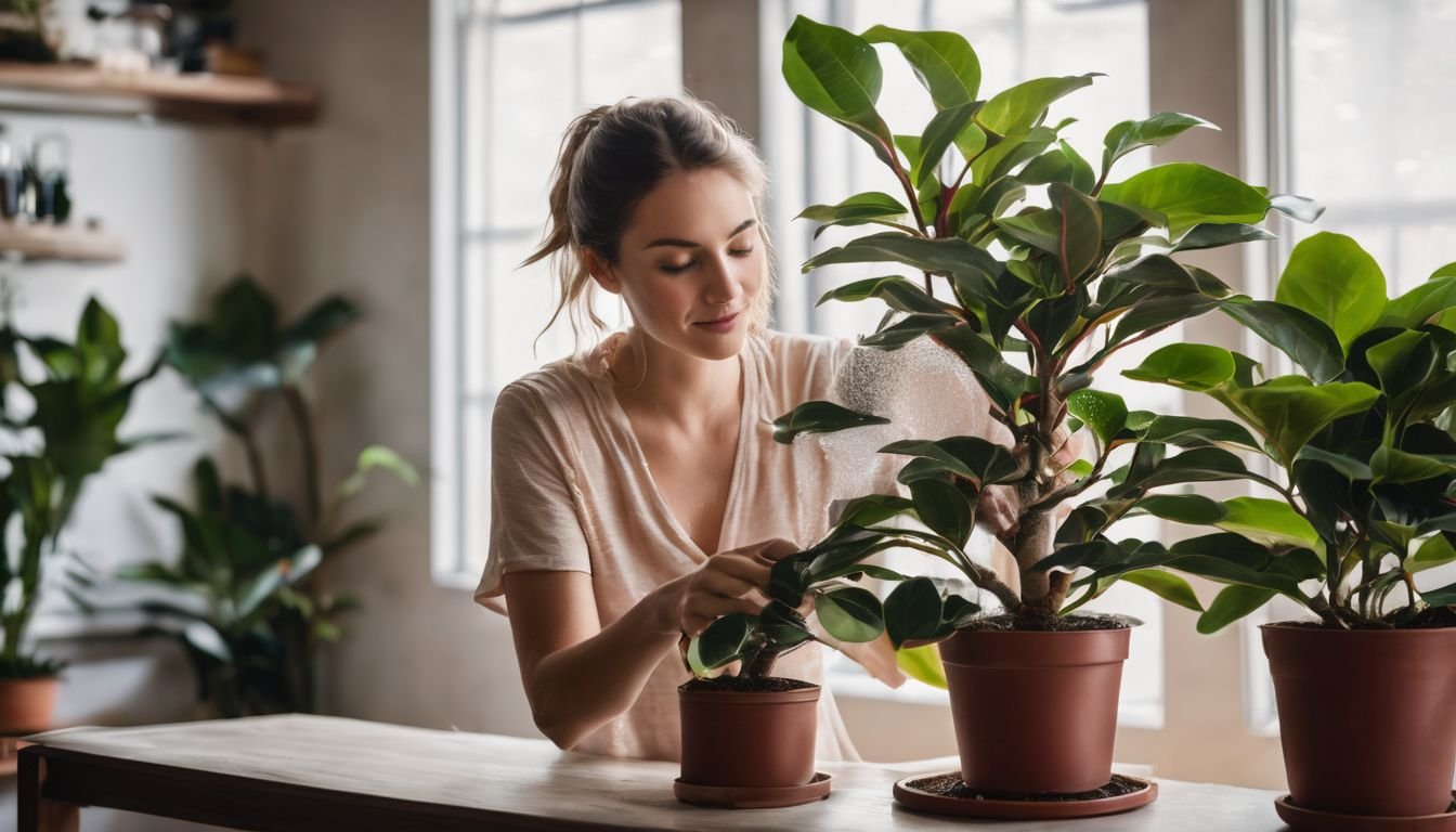 A person peacefully watering a Ficus Elastica Ruby plant in a bright indoor space.