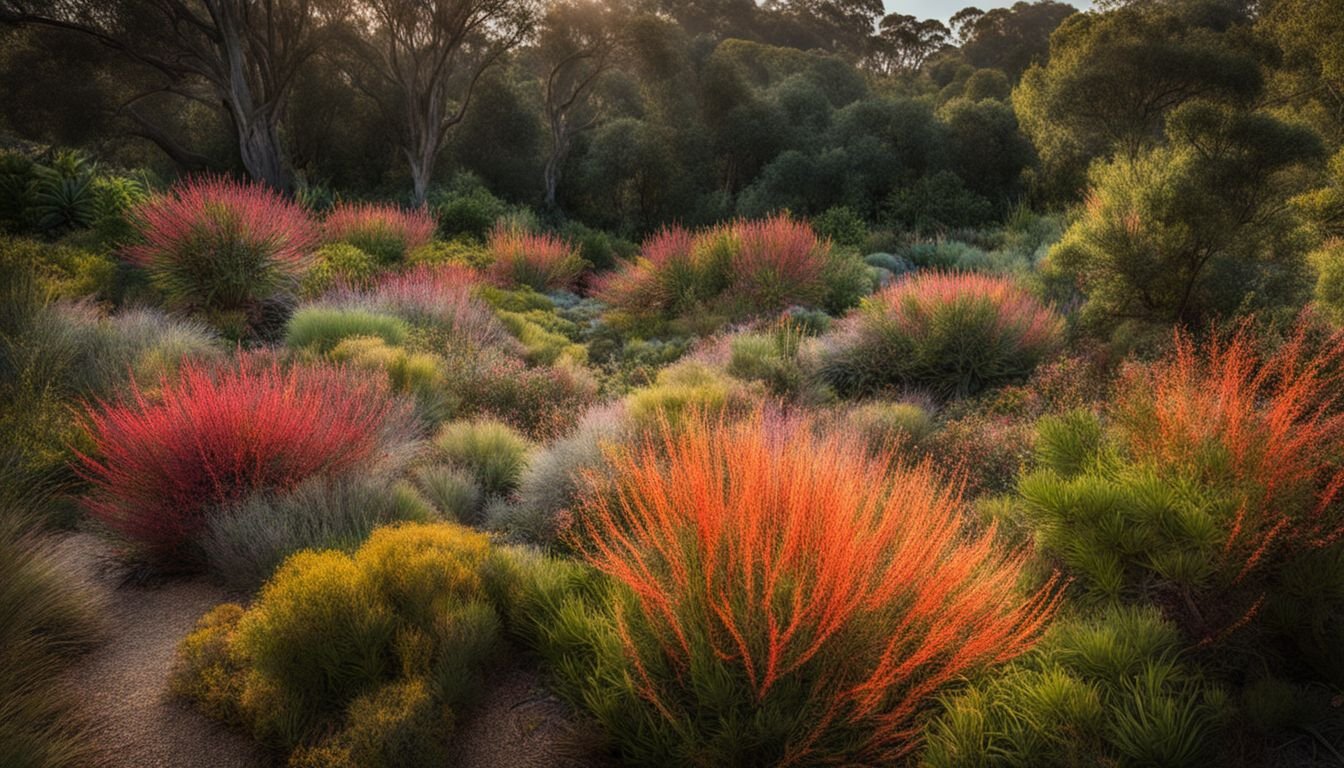 A diverse Grevillea garden with different varieties blooming in a bustling atmosphere.