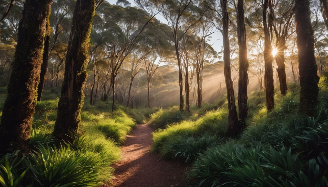 A person walking through a vibrant Hakea Laurina forest in nature.