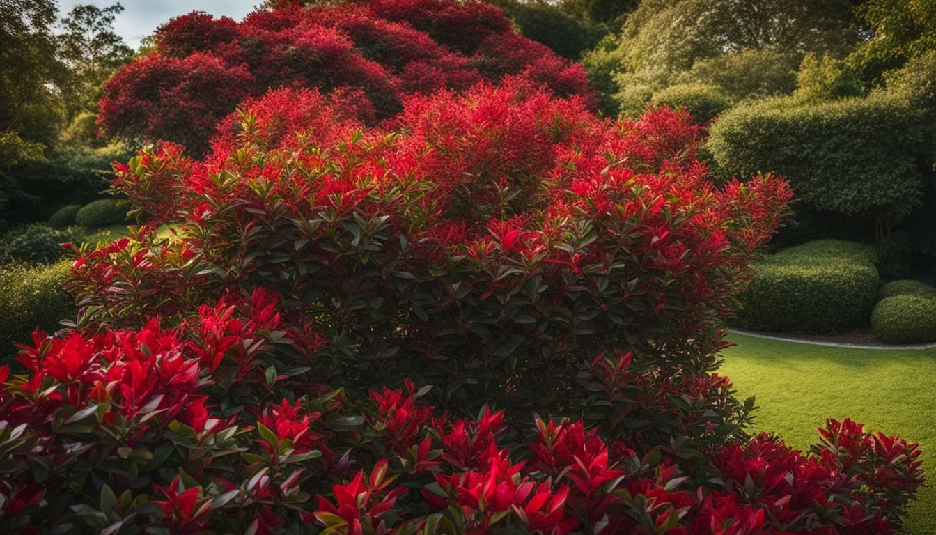 A photo of a vibrant Photinia Red Robin bush in a lush garden.