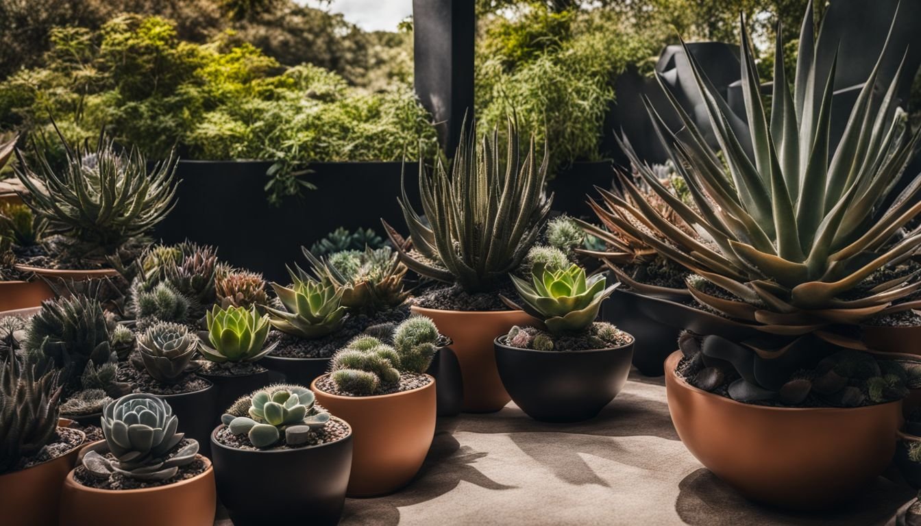 A variety of black succulent plants arranged in a stylish garden setting.