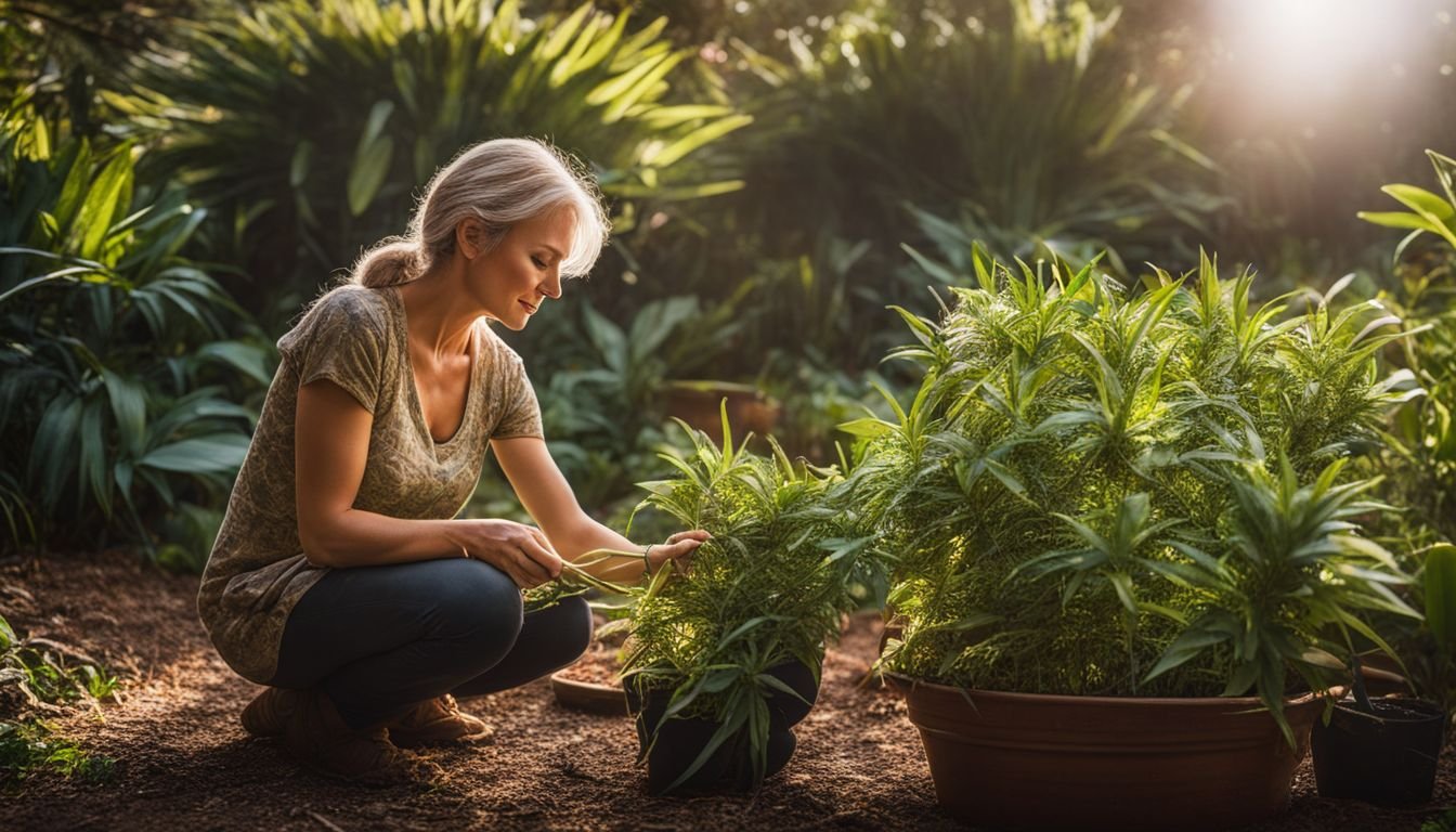 A woman caring for a Rhagodia Parabolica plant in a low maintenance garden.