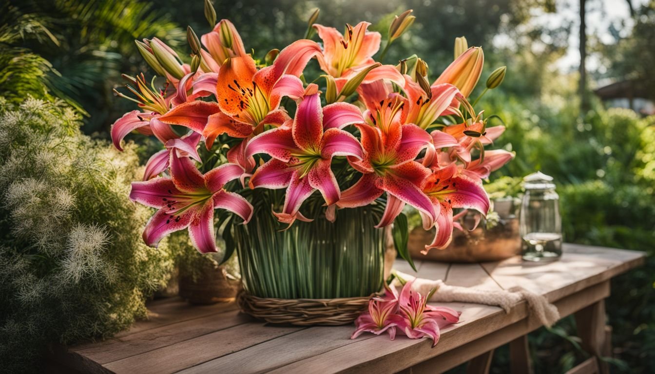 A beautifully vibrant bouquet of Starfighter lilies in a garden setting.