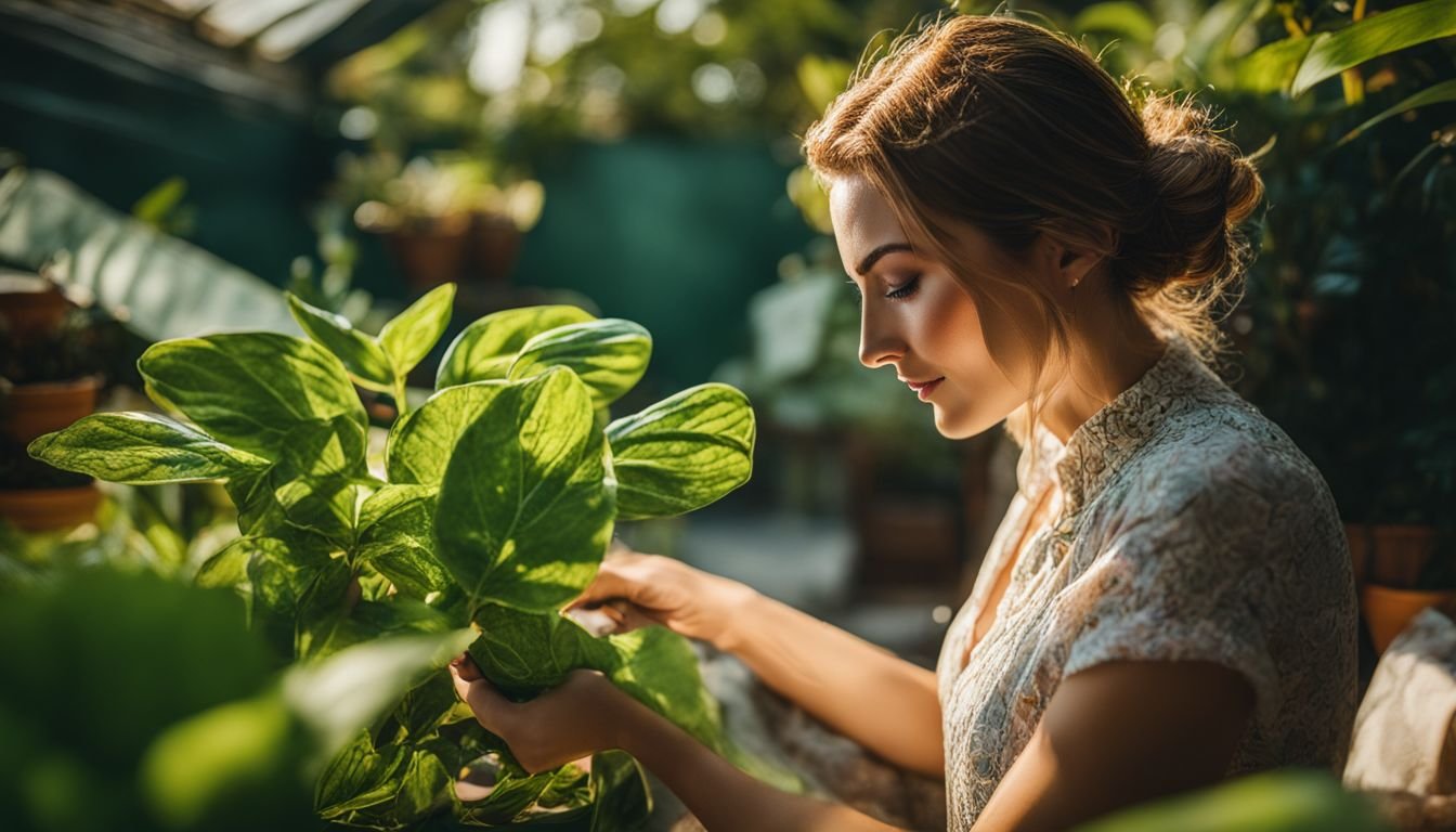 A woman tending to a Glossy Leaf Paper Plant in her garden.