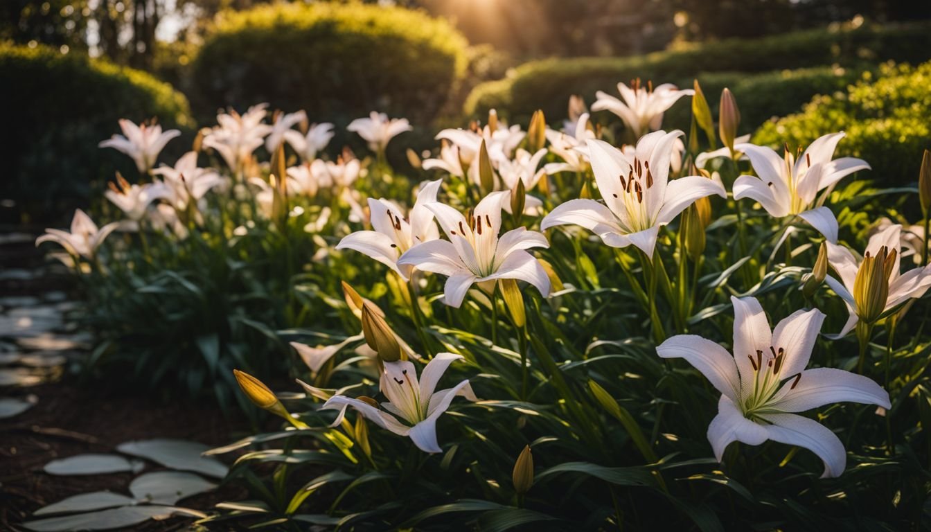 A photo of Japanese Lily Flowers in a sunlit garden.