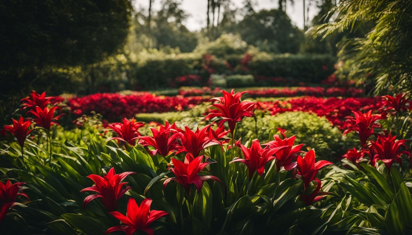 A photo of a blooming Red Velvet Lily in a lush garden.