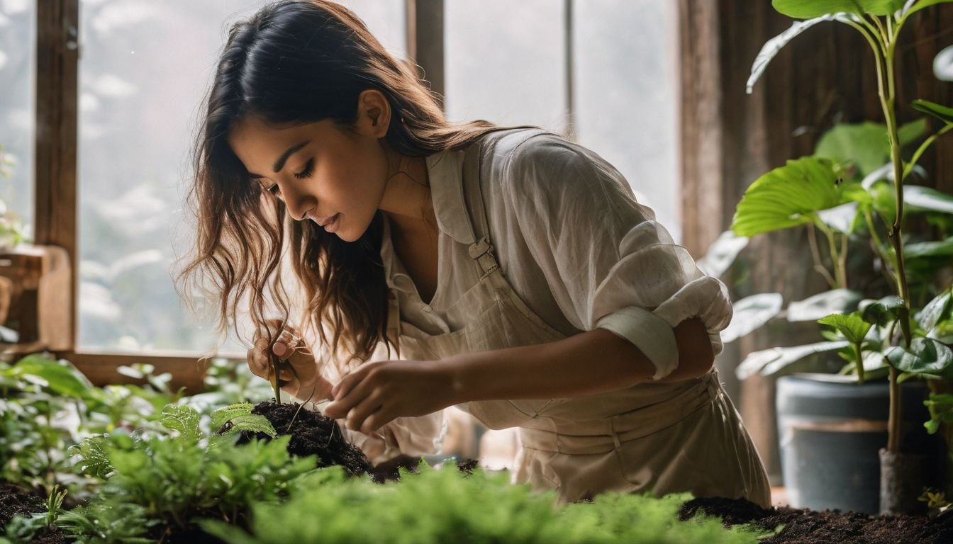 A person planting Sasanqua Pure Silk in a vibrant garden setting.