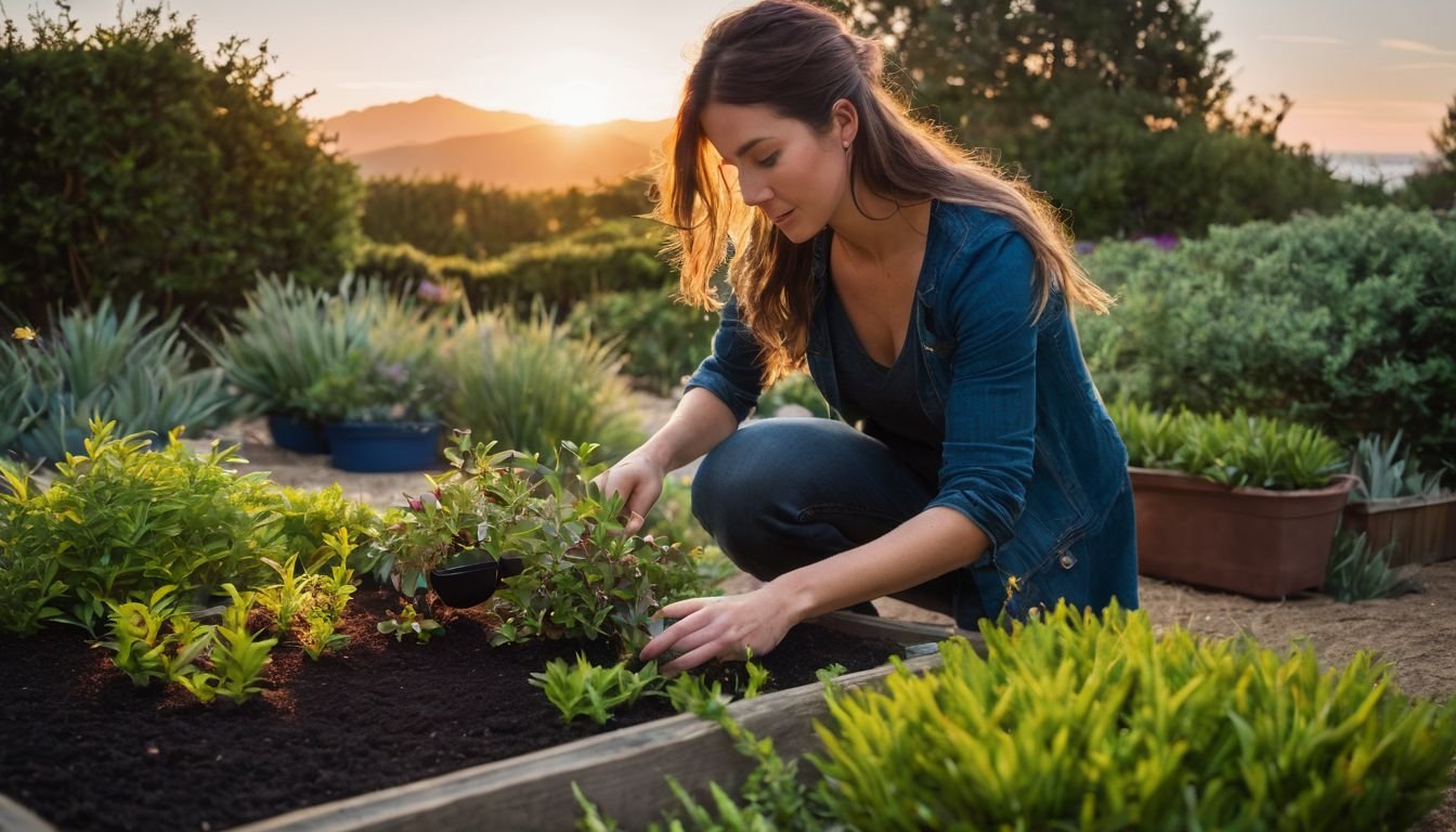 A person planting Pacific Sunset Coprosma in a garden bed.