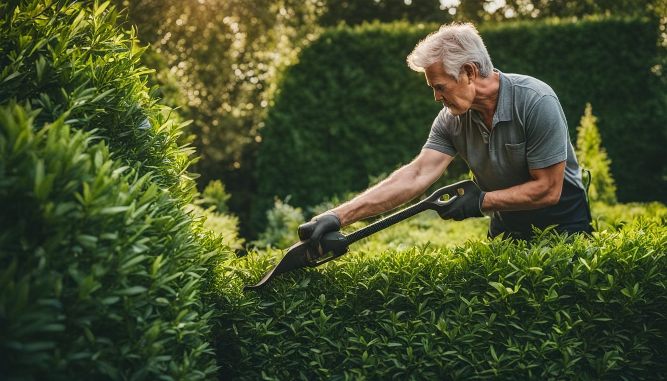 A person trimming a dense Bay Laurel hedge in a well-maintained garden.