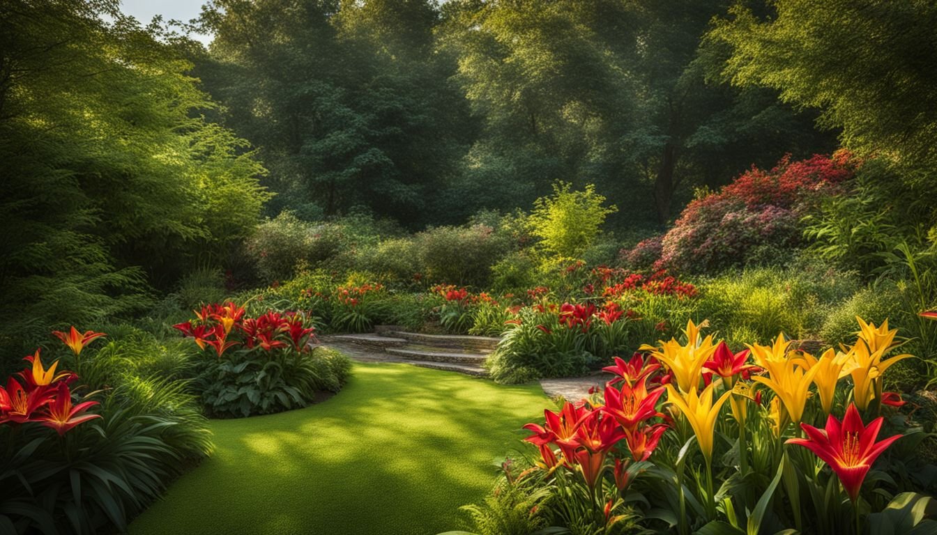A vibrant garden with diverse people enjoying the beautiful scenery.