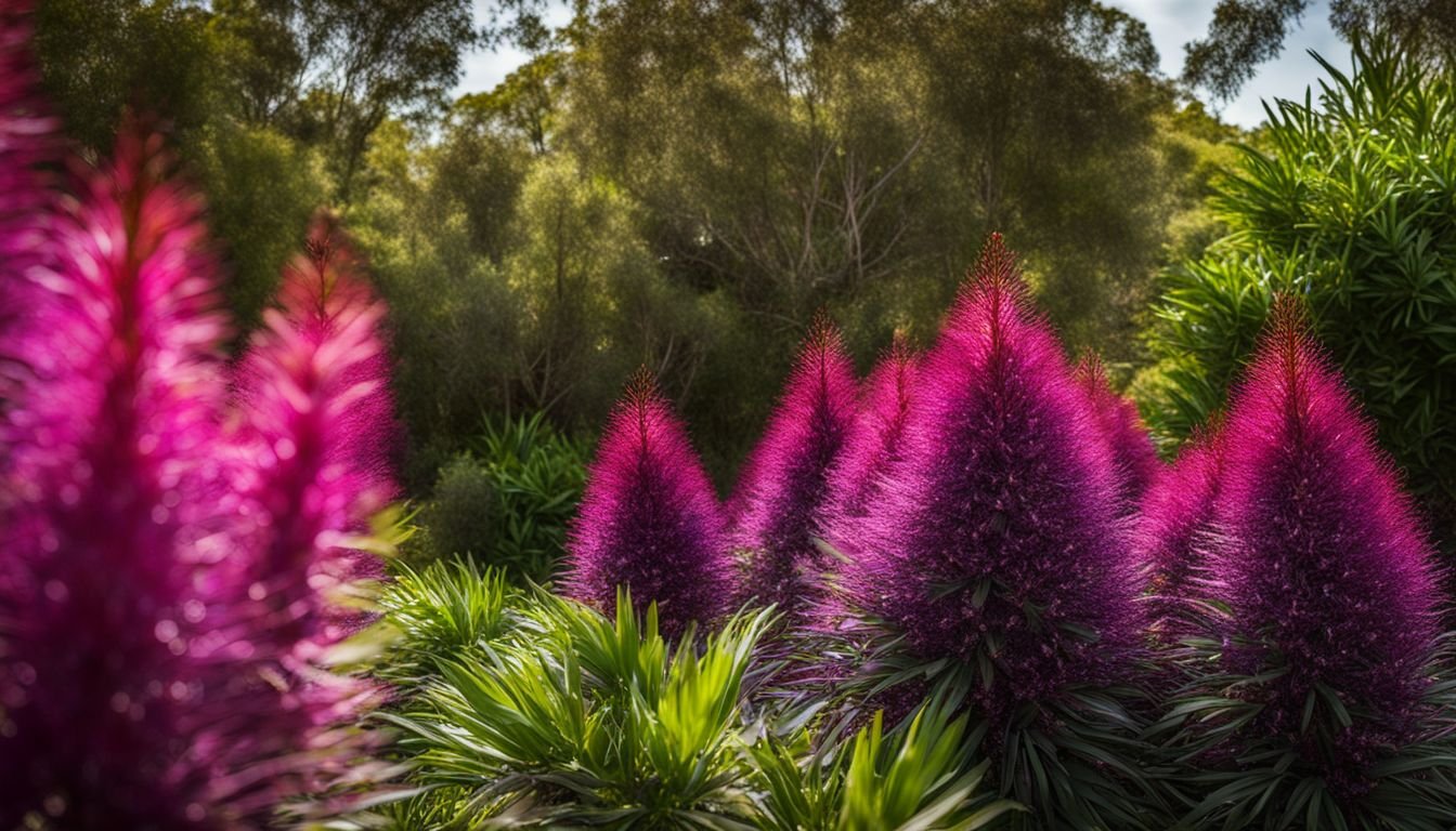 A vibrant photo of Callistemon Purple Splendour in a garden setting.