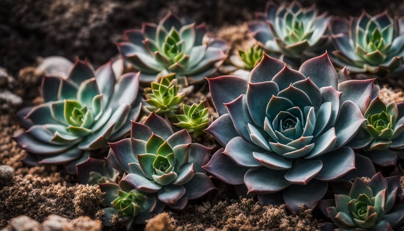 The photo shows healthy Echeveria 'Black Prince' succulent offsets on soil.
