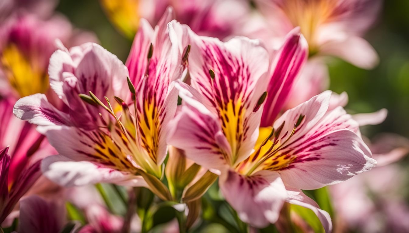 A close-up photo of vibrant Alstroemeria blooms in a sunlit garden.