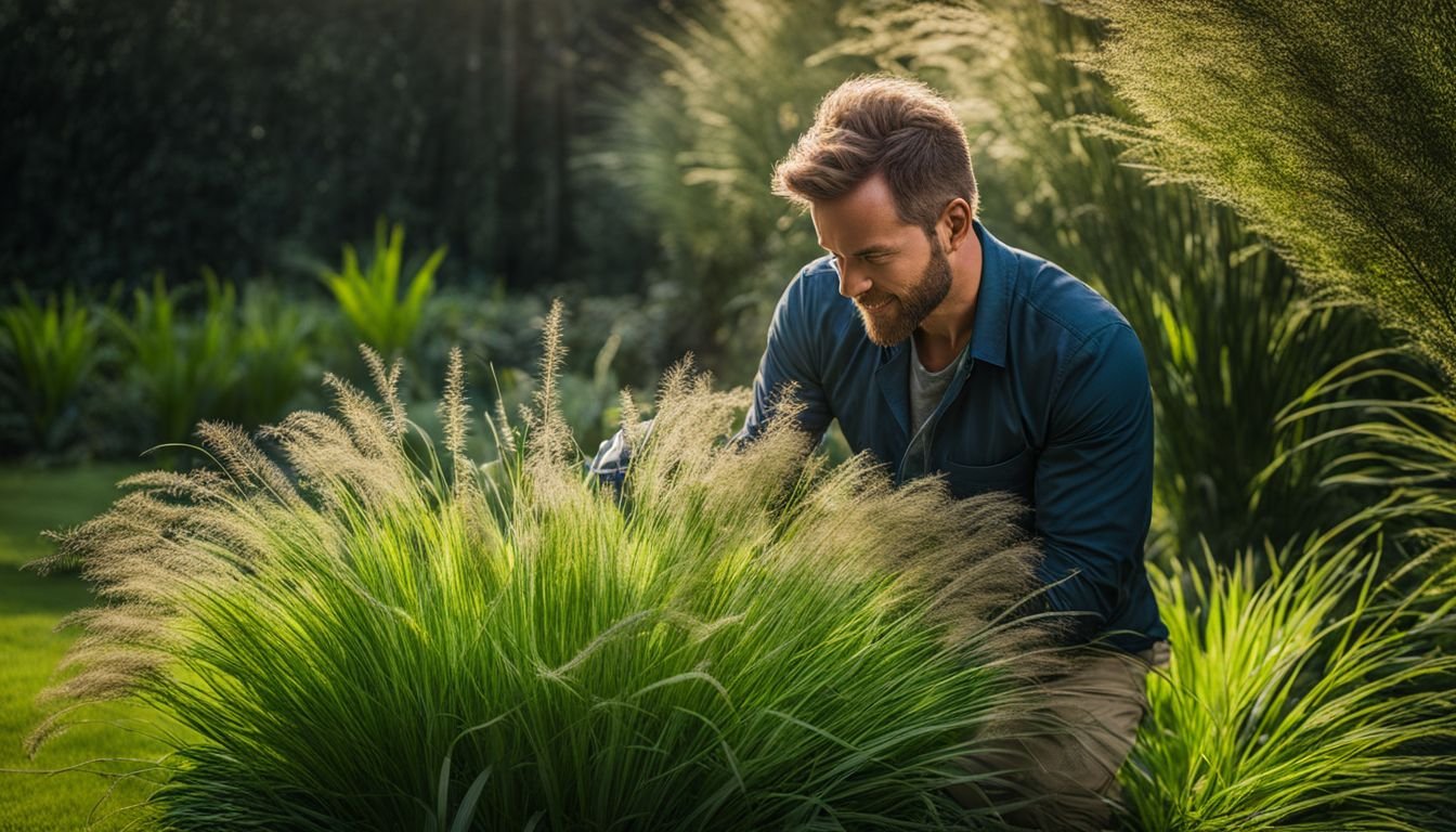 A landscaper inspecting various Lomandra varieties in a lush garden.