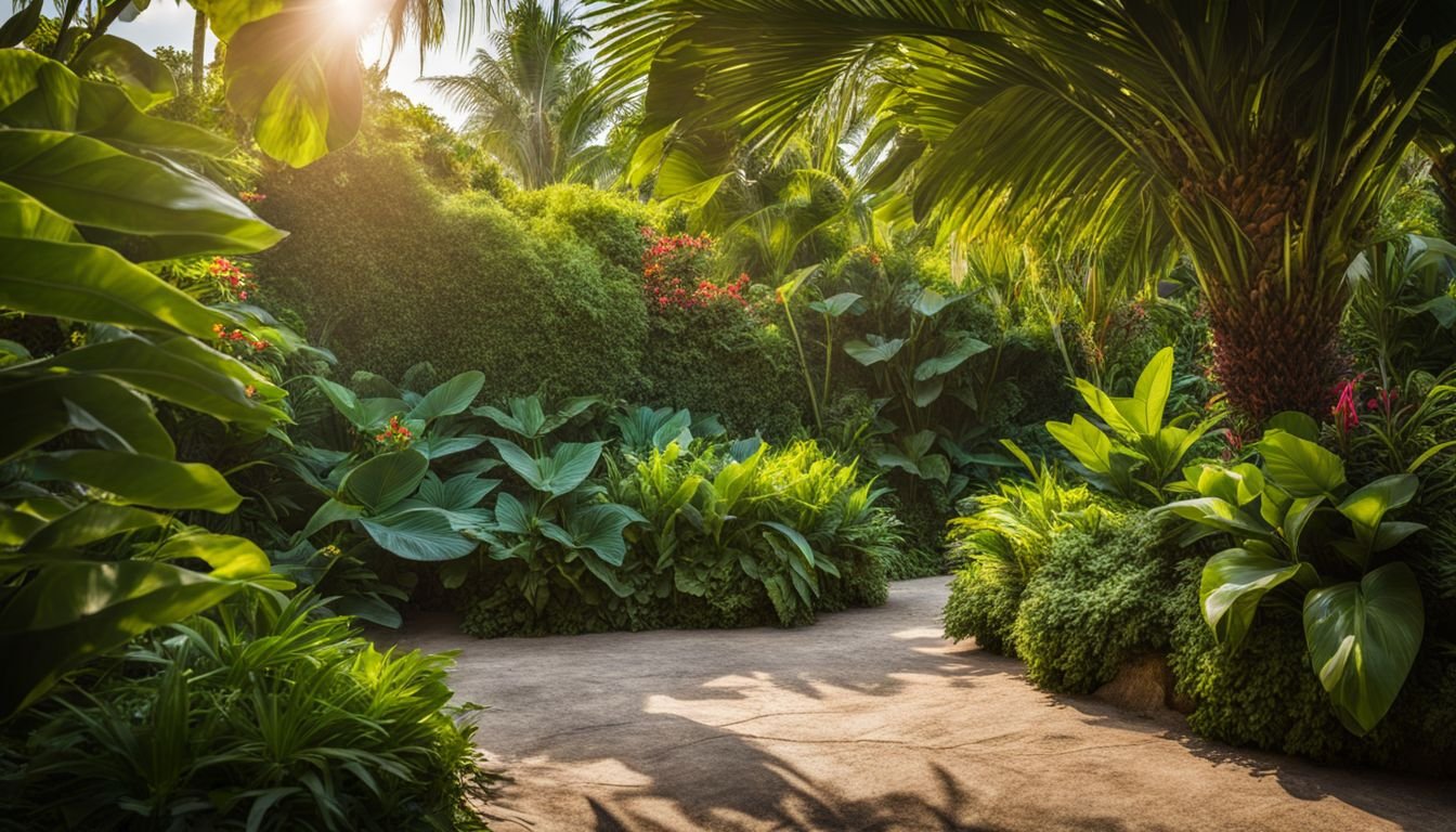 A lush tropical garden with a variety of plants and people.