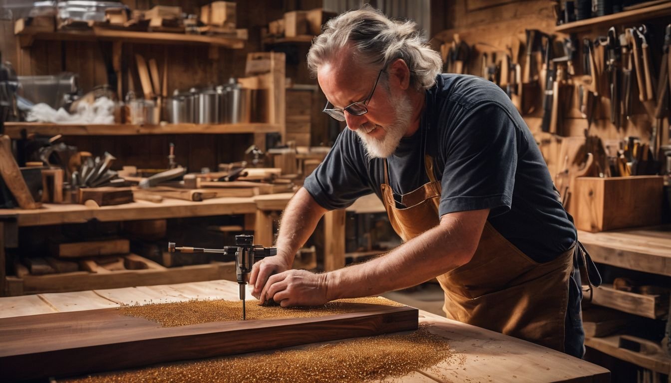 A woodworker crafting with Grevillea Robusta timber in a busy workshop.
