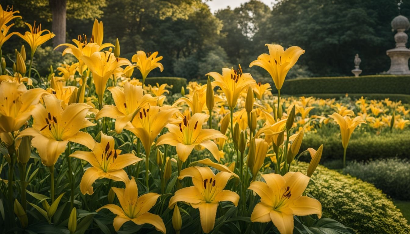 A photo of vibrant yellow lilies in a formal garden setting.