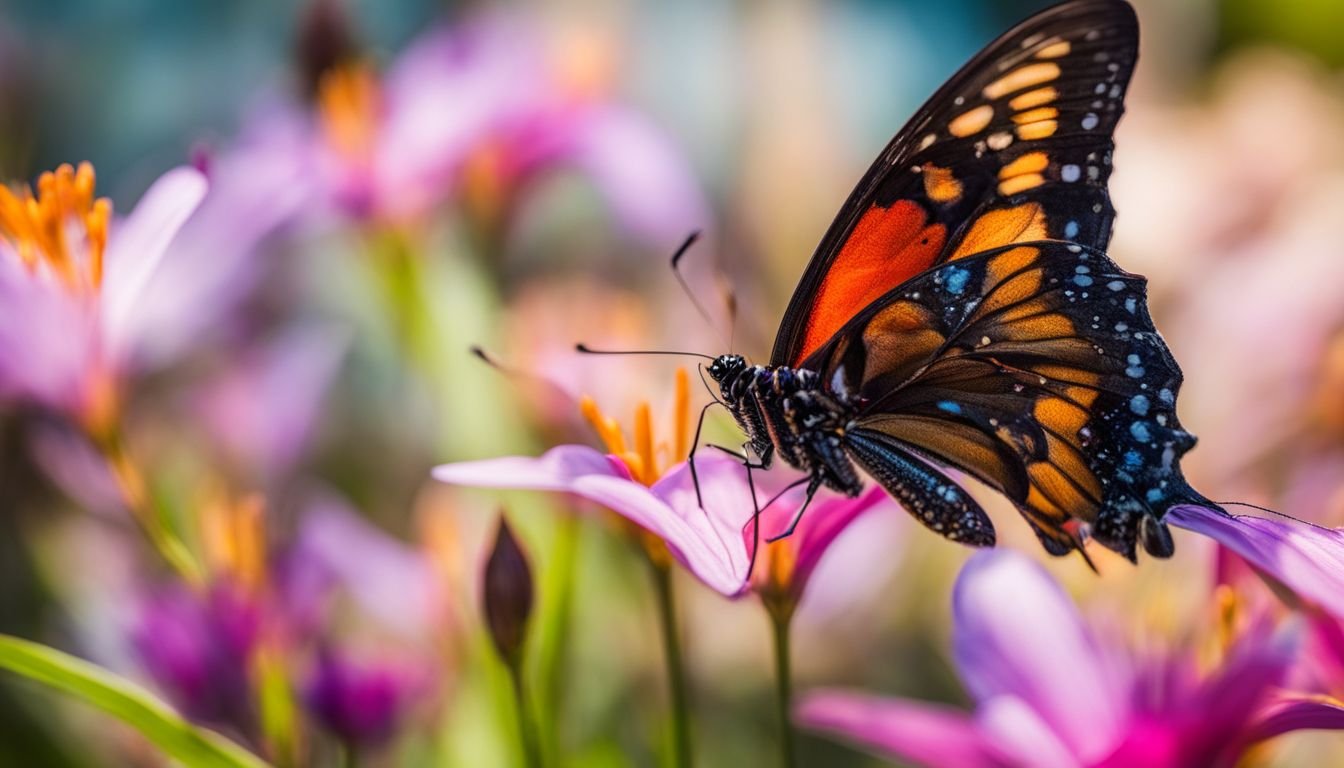 A beautiful butterfly pollinating a native lily in an Australian wildflower garden.