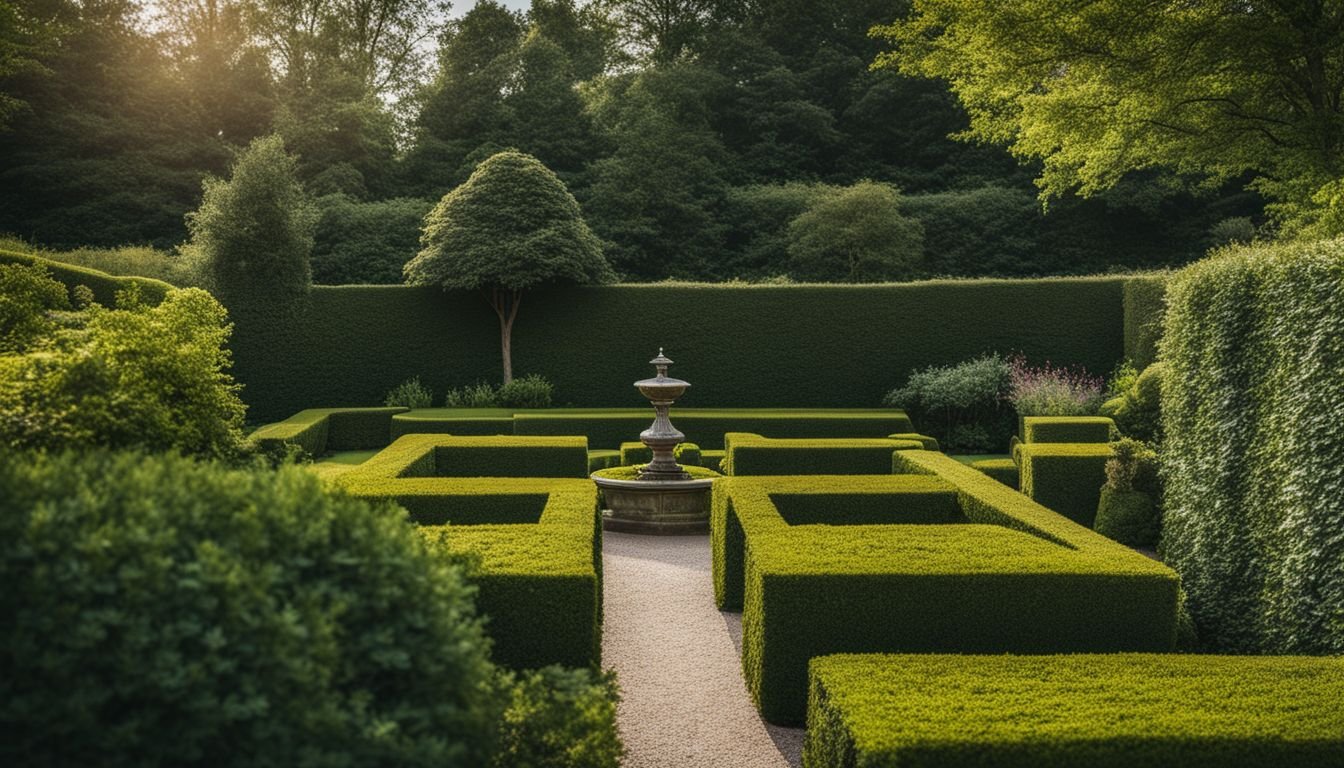 A photo of a lush English Box hedge in a well-mulched garden.