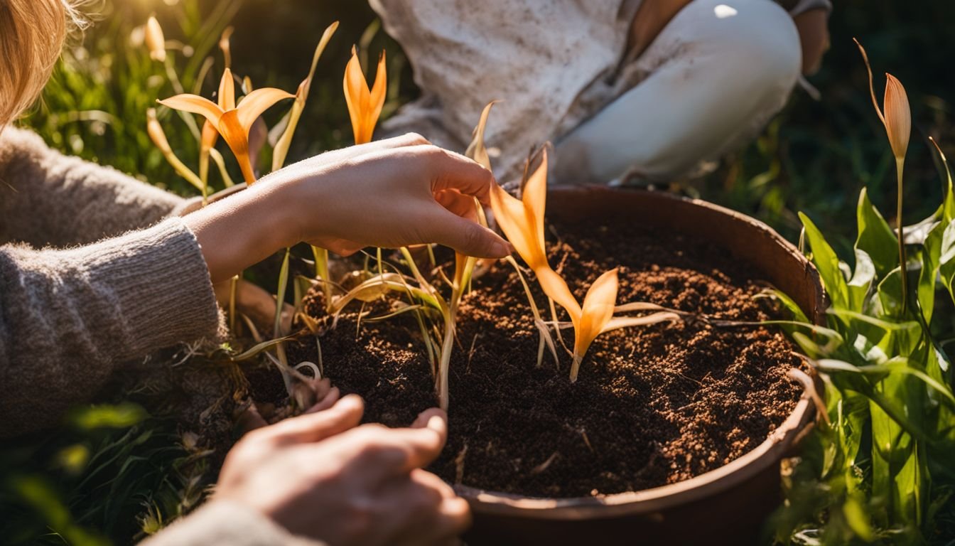 A person planting Ghost Lily seeds in a vibrant garden.