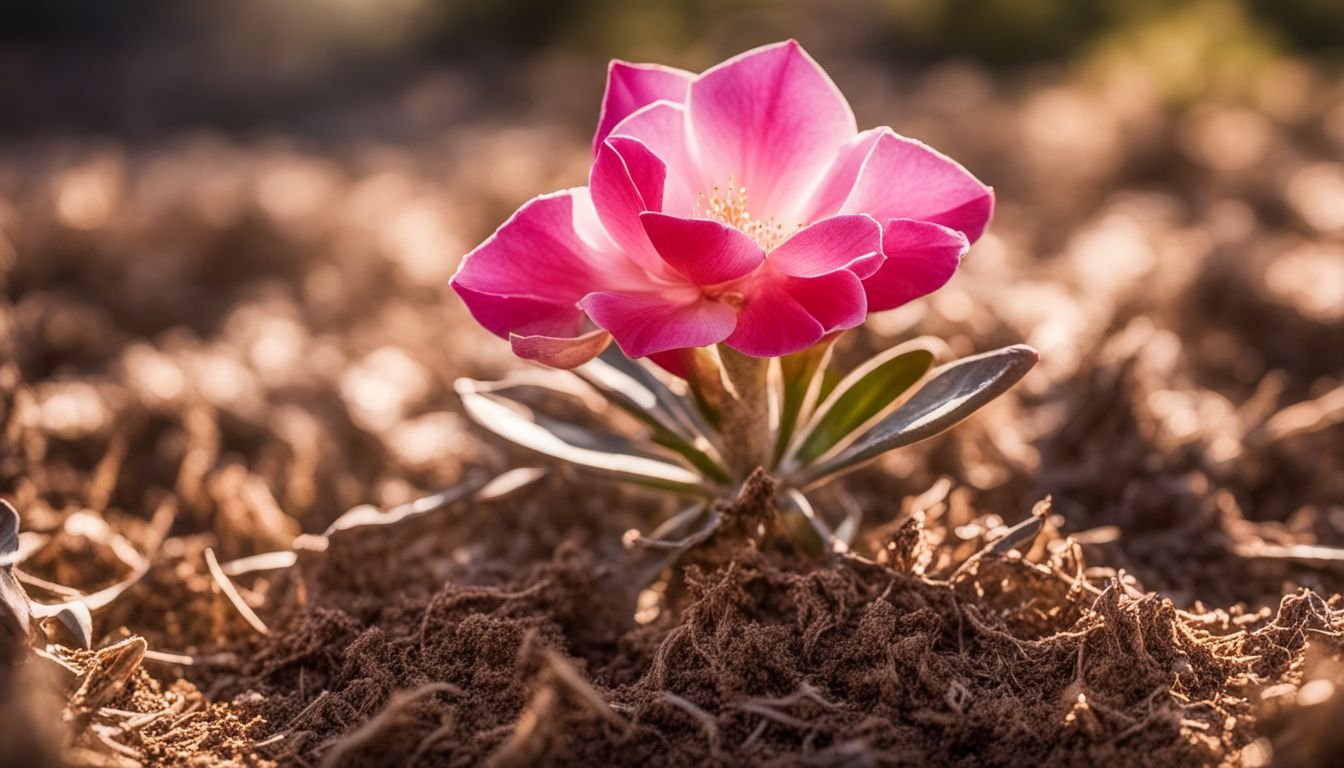 A healthy desert rose plant surrounded by well-mulched soil in a sunny garden.