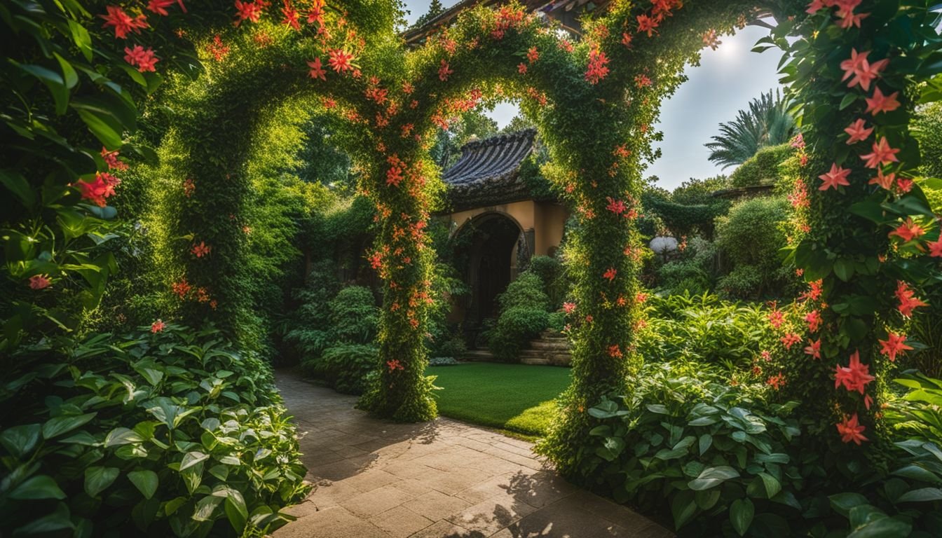 A Chinese Star Jasmine vine covers a garden archway with vibrant blooms.