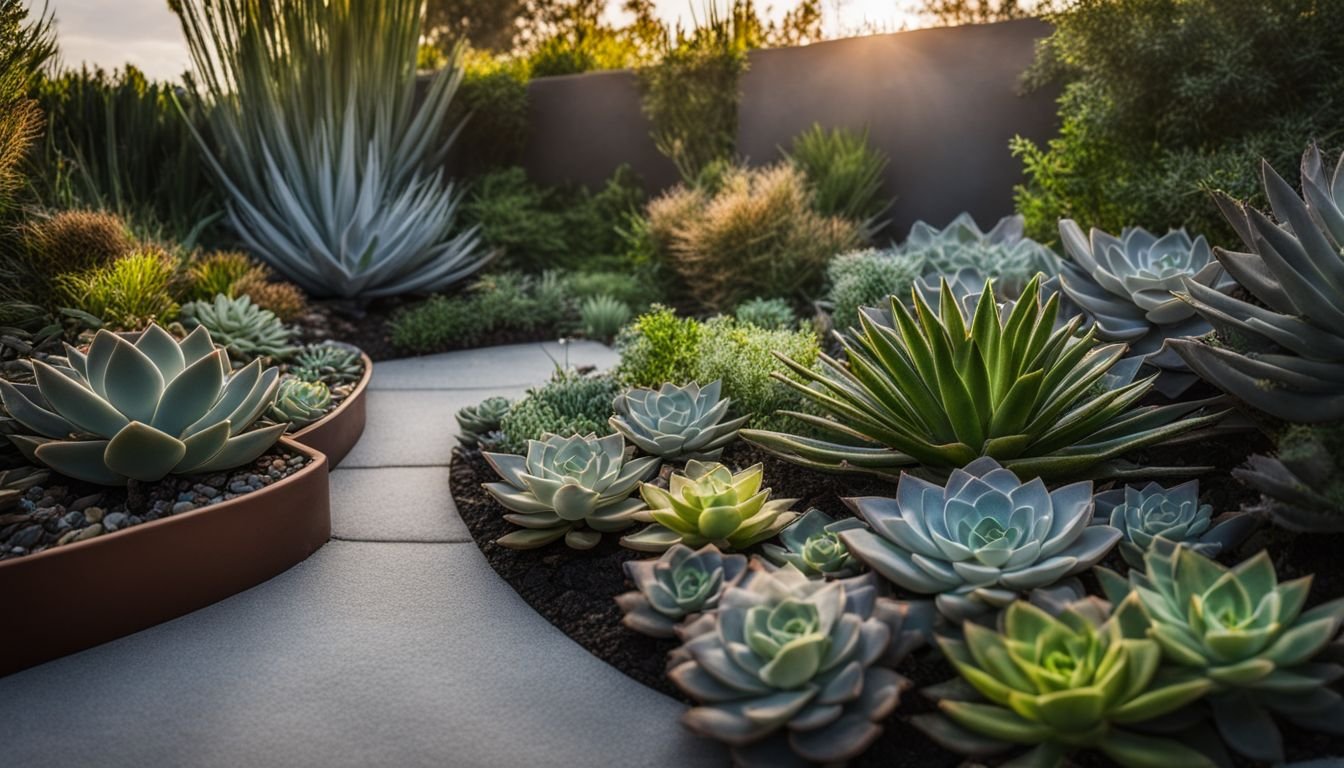 A diverse succulent garden with varying textures and greenery.