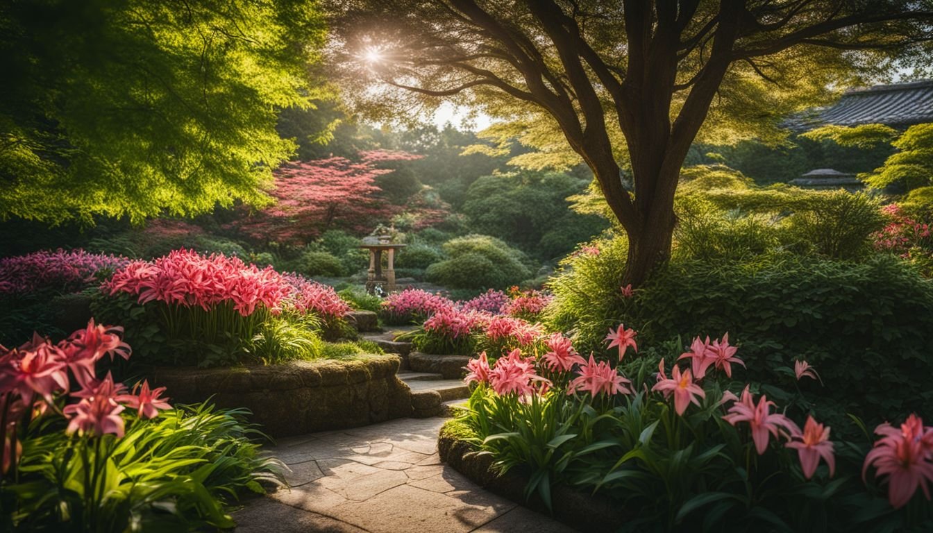 A beautiful garden filled with vibrant Japanese lily flowers.