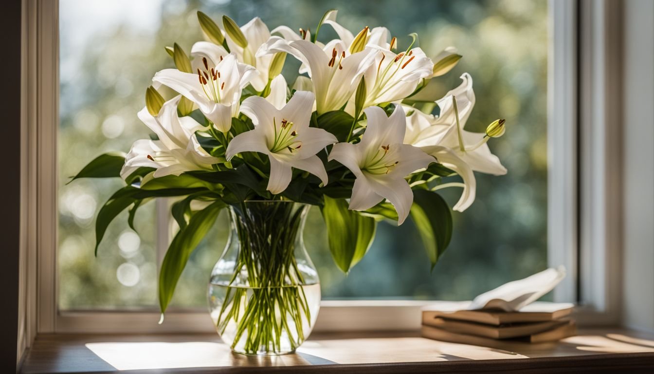 A vase of white lilies sits on a sunlit windowsill.