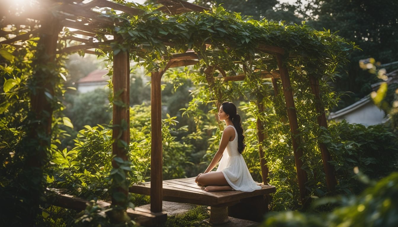 A Chinese Star Jasmine climbs a rustic trellis in a serene garden.