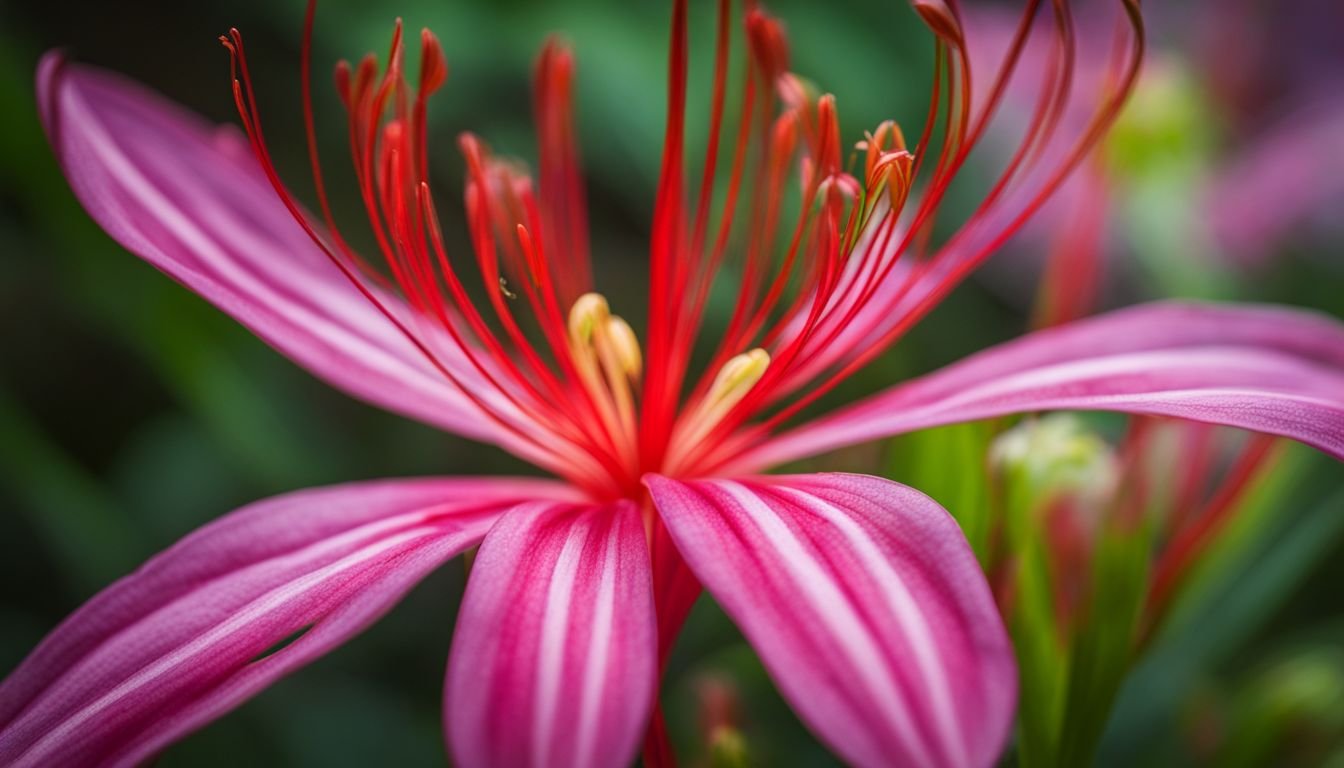 A close up of a vibrant Lycoris radiata in a lush garden.