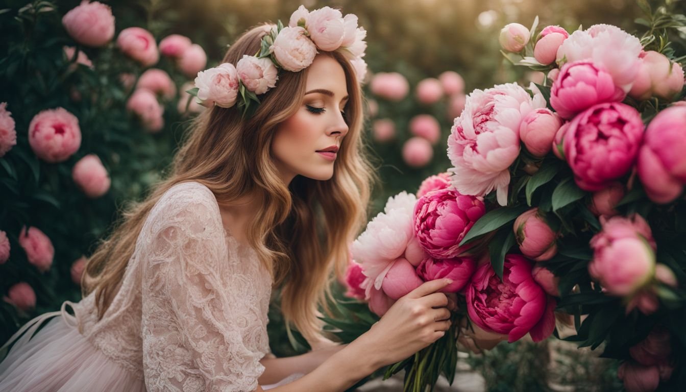 A woman holds a bouquet of peonies in a beautiful garden.