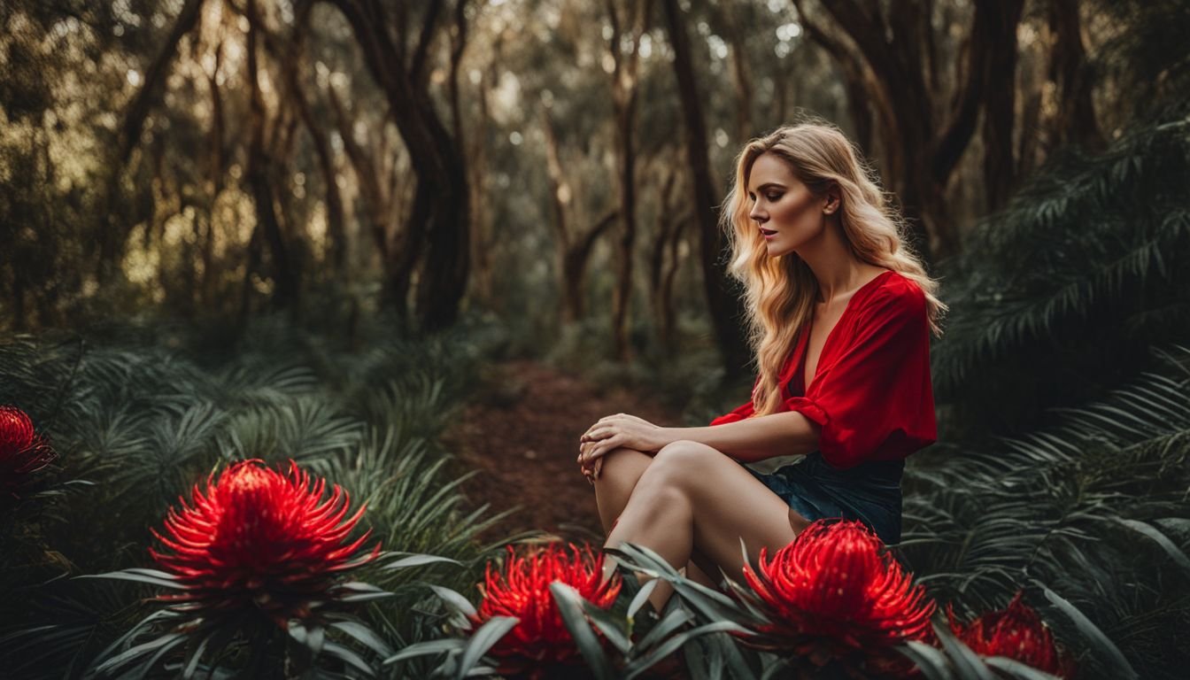 A woman admiring a Red Waratah in lush Australian bushland.
