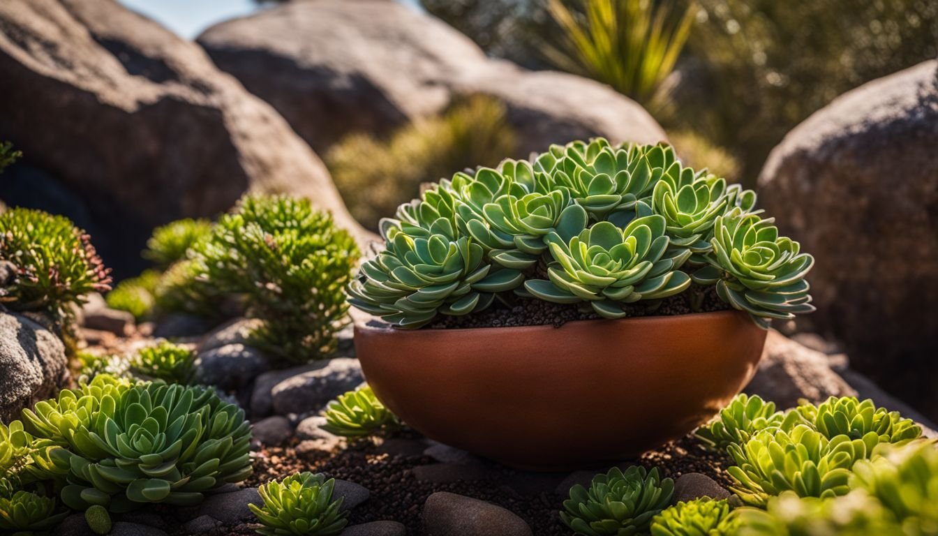 A photo of Crassula arborescens in an Australian rock garden.