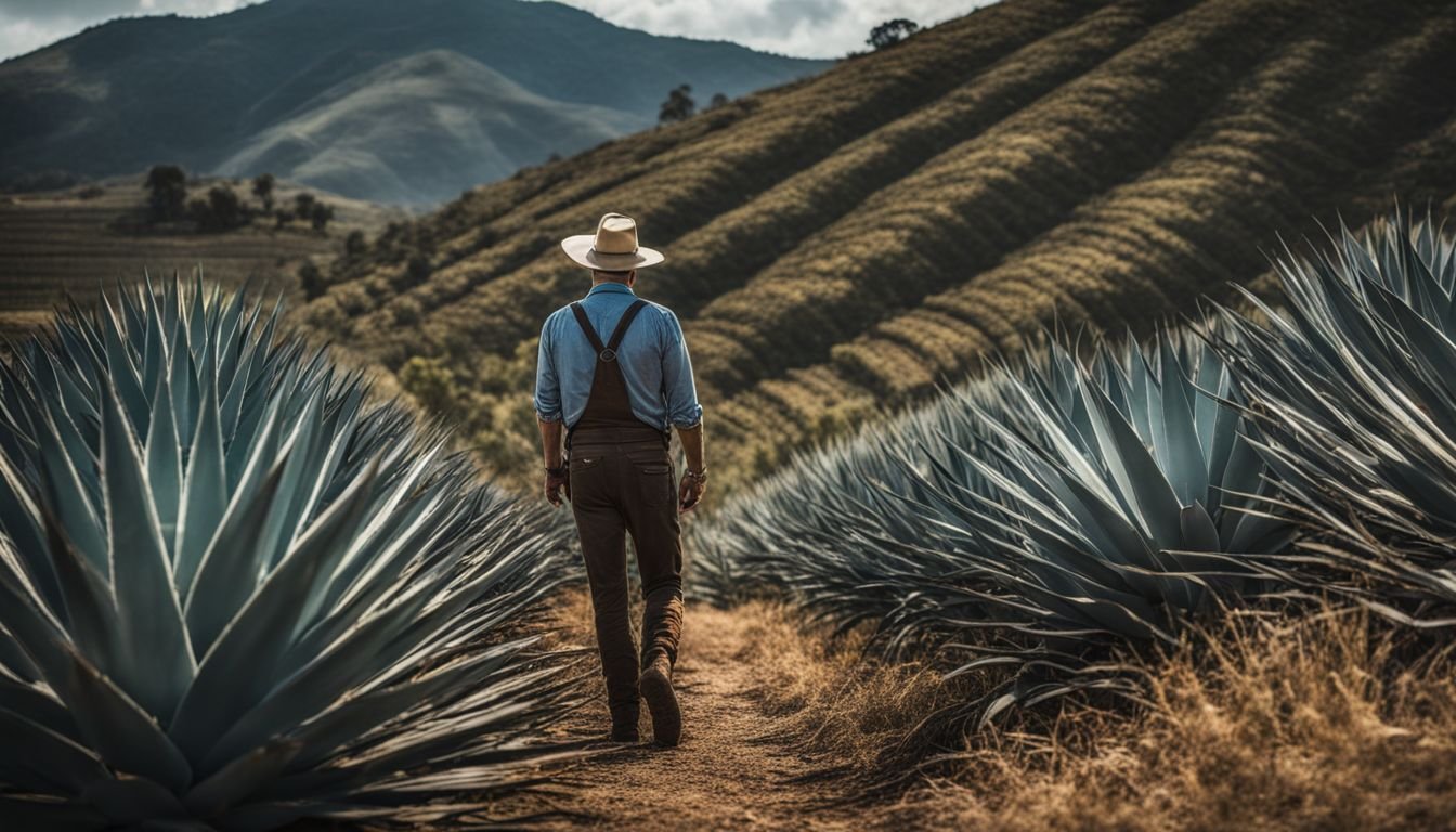 A farmer inspects a field filled with Blue Agave plants.