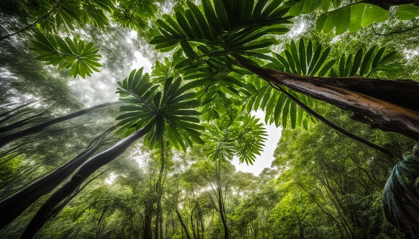 A tall Schefflera Actinophylla stands in lush Australian rainforest.