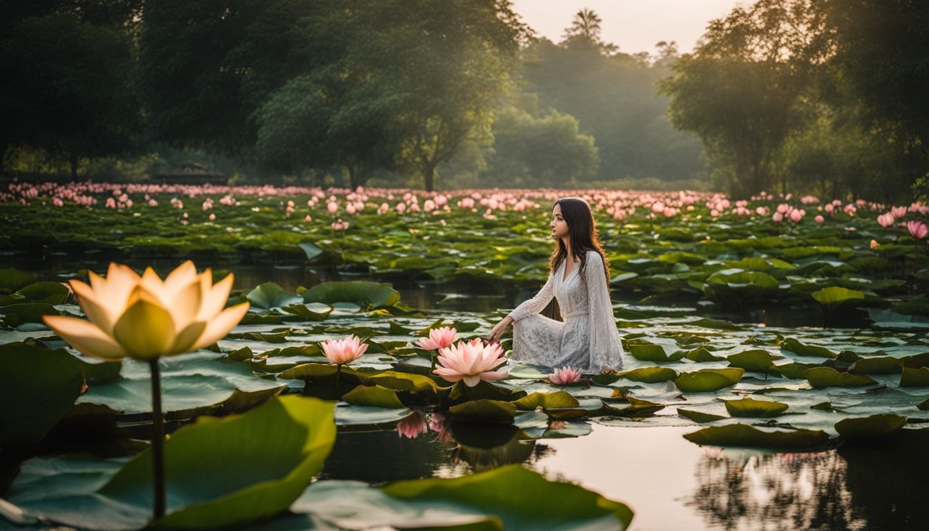 A serene pond with water lilies and lotus flowers surrounded by lush greenery.