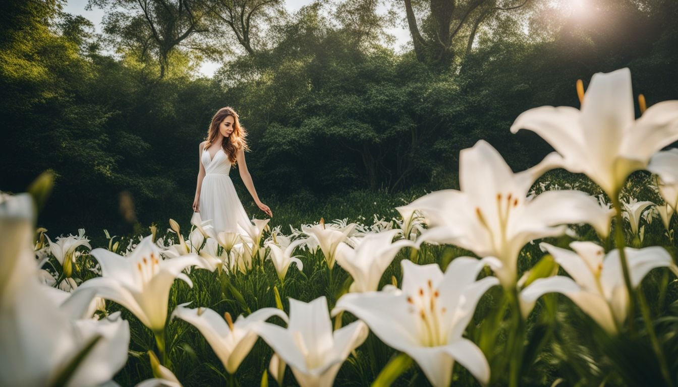A field of blooming white lilies in a bustling garden setting.