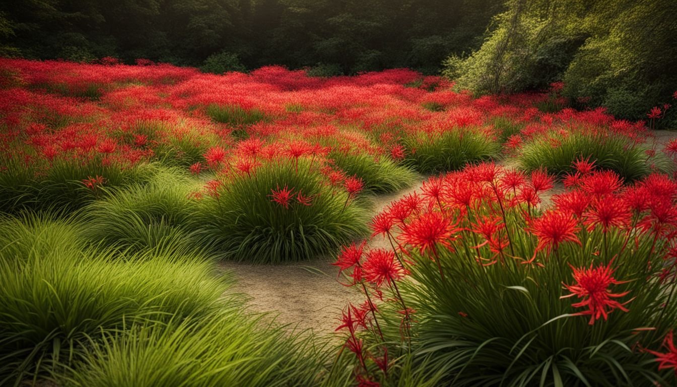 A vibrant garden of red Spider Lilies with diverse people enjoying.