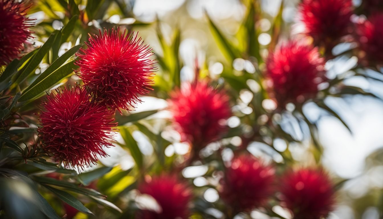 A close-up photo of a vibrant garden featuring Callistemon 'Great Balls of Fire.'
