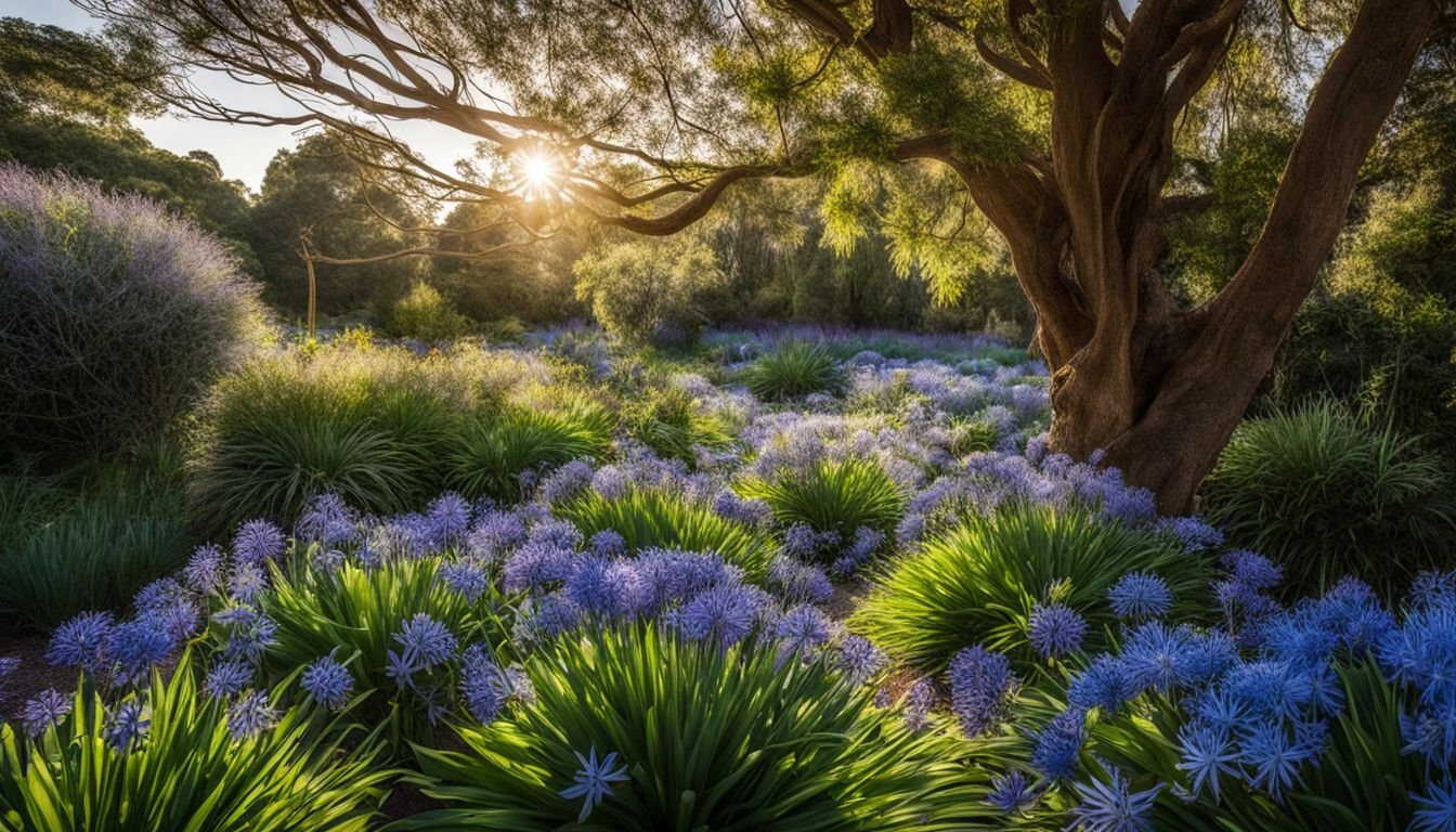 Lush agapanthus plants surrounded by thriving Australian flora in well-maintained garden.