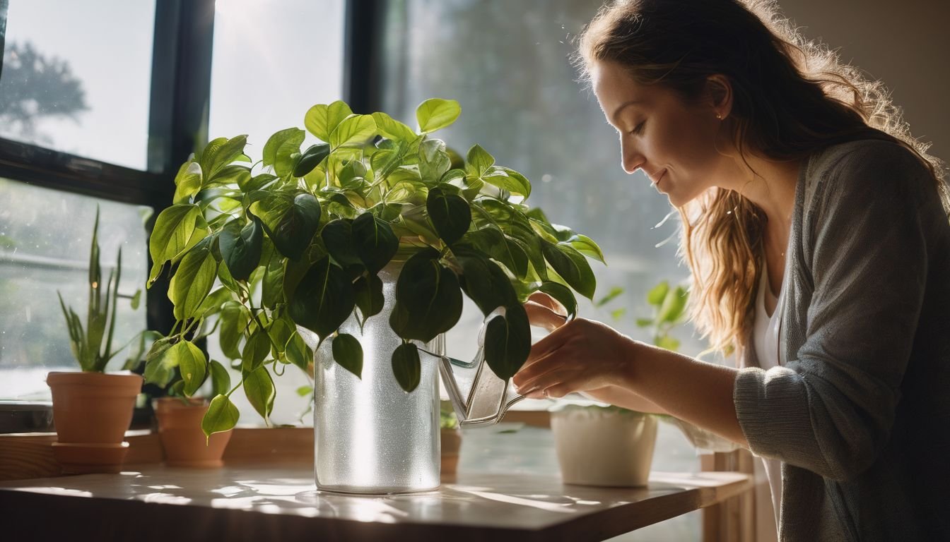 A person watering a hanging Peperomia plant in a sunlit indoor setting.